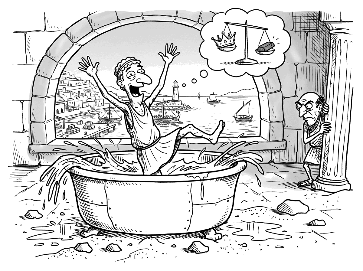 An ancient Greek figure leaping delighted from an overflowing bath, having worked out how to prove the goldsmith's fiddle, while the goldsmith peers nervously from behind a column