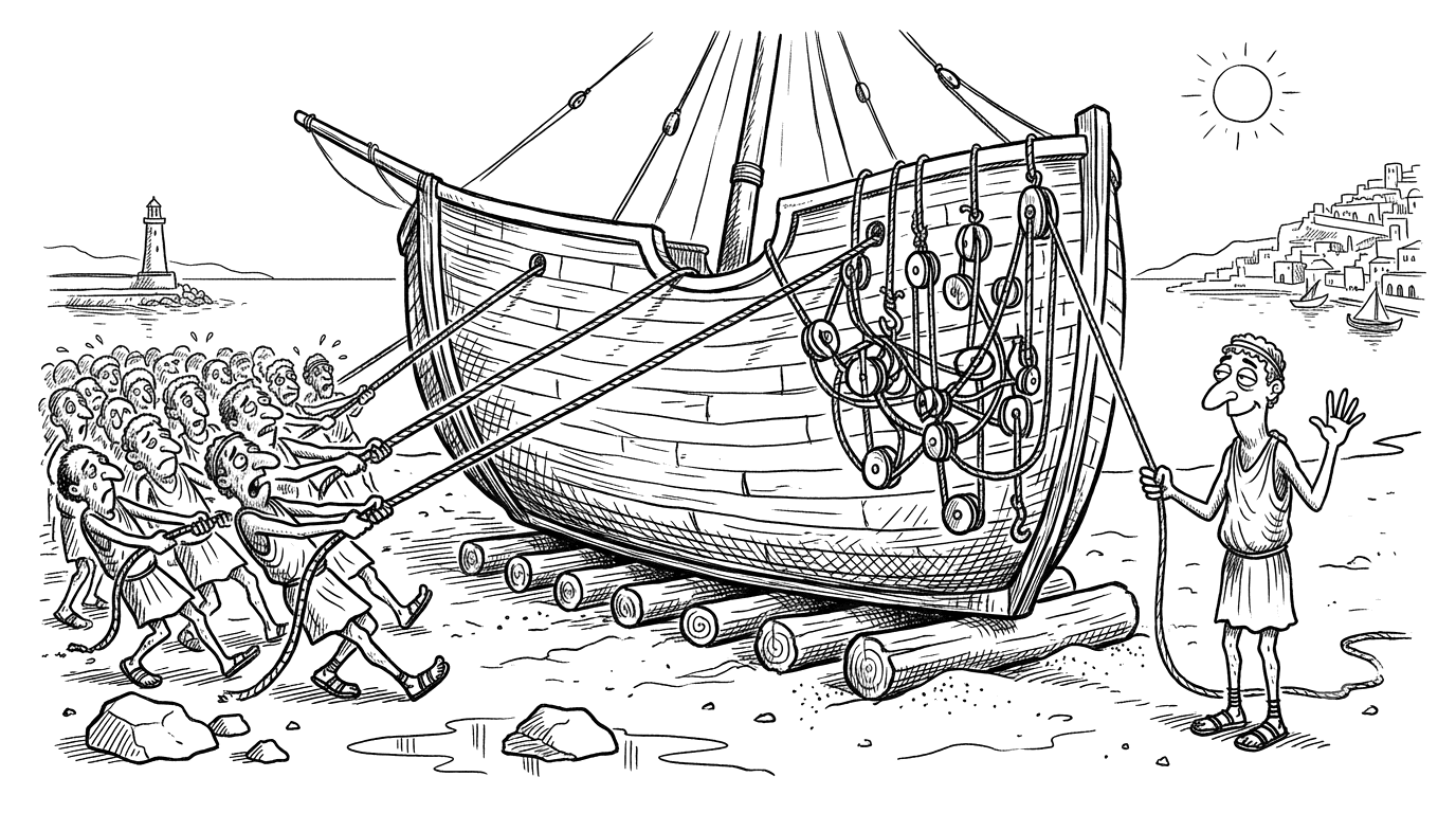 A crowd of straining workers fails to shift an enormous ship with ropes, while an ancient Greek figure launches it single-handed through an elaborate tangle of pulleys