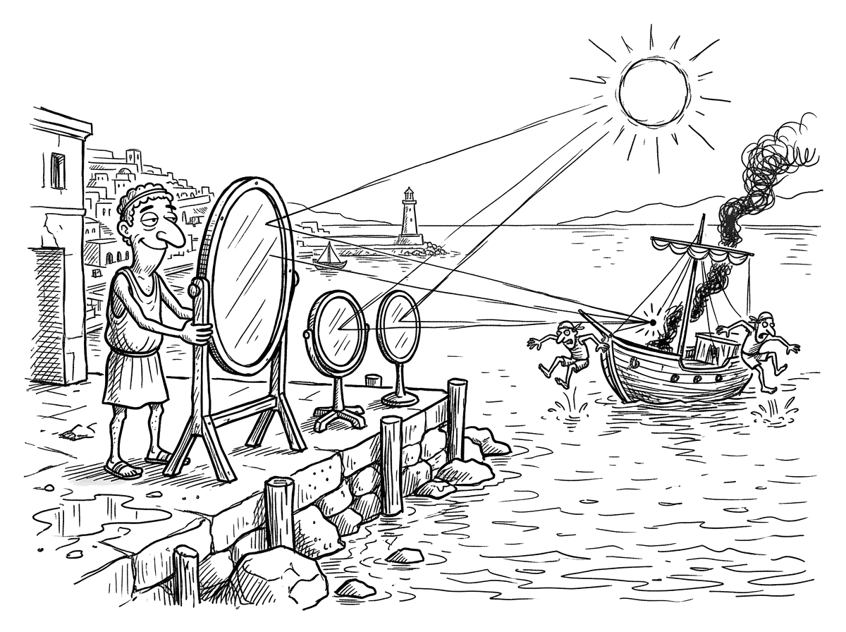An ancient Greek figure angling a row of mirrors so their scattered sunbeams converge on a single point
