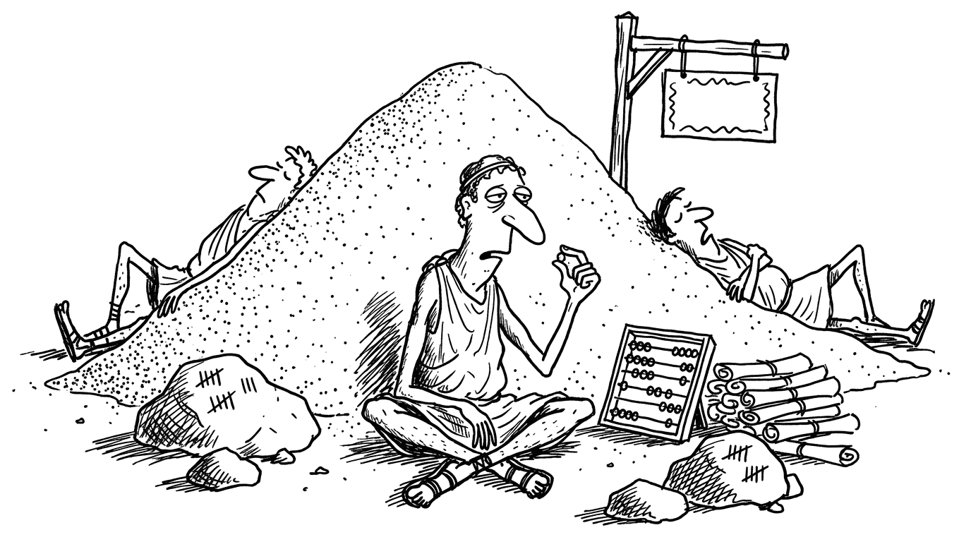 An ancient Greek figure slumped in front of a huge mound of sand, counting it one grain at a time while two workers doze against the pile
