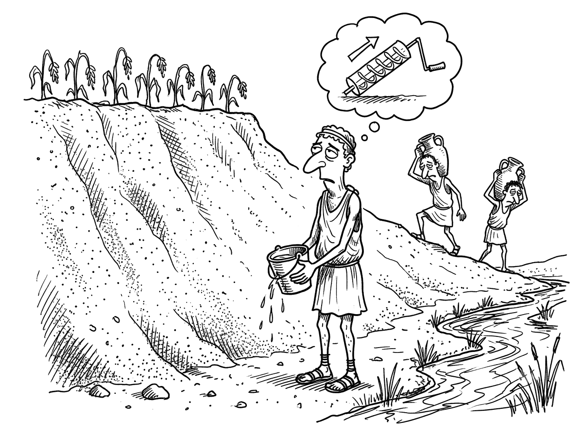 An ancient Greek figure with a leaky bucket at the foot of a steep bank, imagining the water screw that will raise the river to his wilting crops